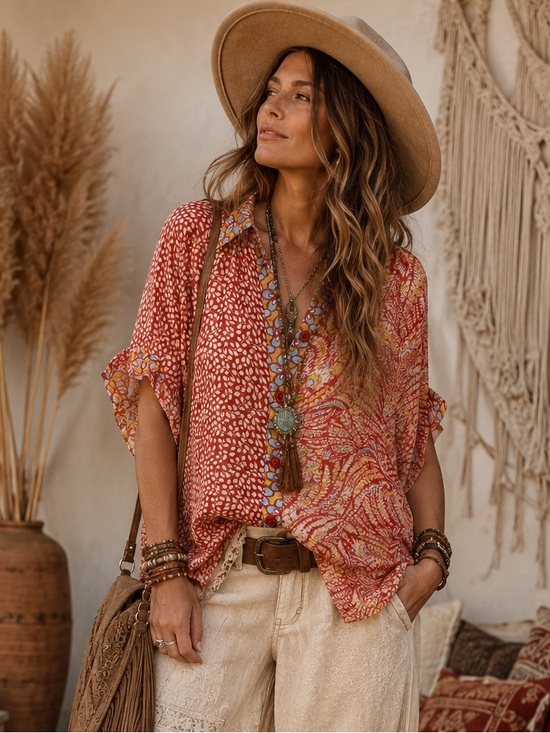 JODIFL Tops - JODIFL Red Multi-Print Boho V-Neck Tunic  Size: Medium